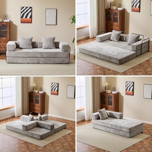 Dark Gray Chenille Convertible Floor Sofa Bed with Pillow Back & Armrest A96842