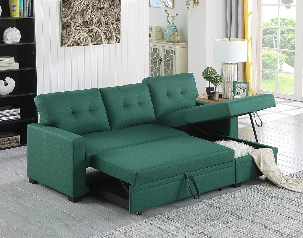 Green Upholstered Pull out Sectional Sofa with Chaise I391659