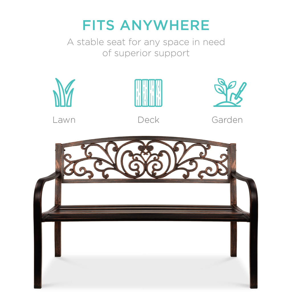 Brown Outdoor Steel Bench with Floral Design Backrest V38910