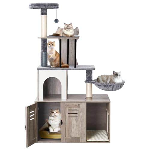 White 58.66’’ Wood Cat Tree with Litter Box Enclosure I809
