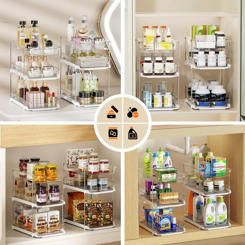 White 3 Tier Stackable Under Sink Organizer with Pull Out Drawers J829