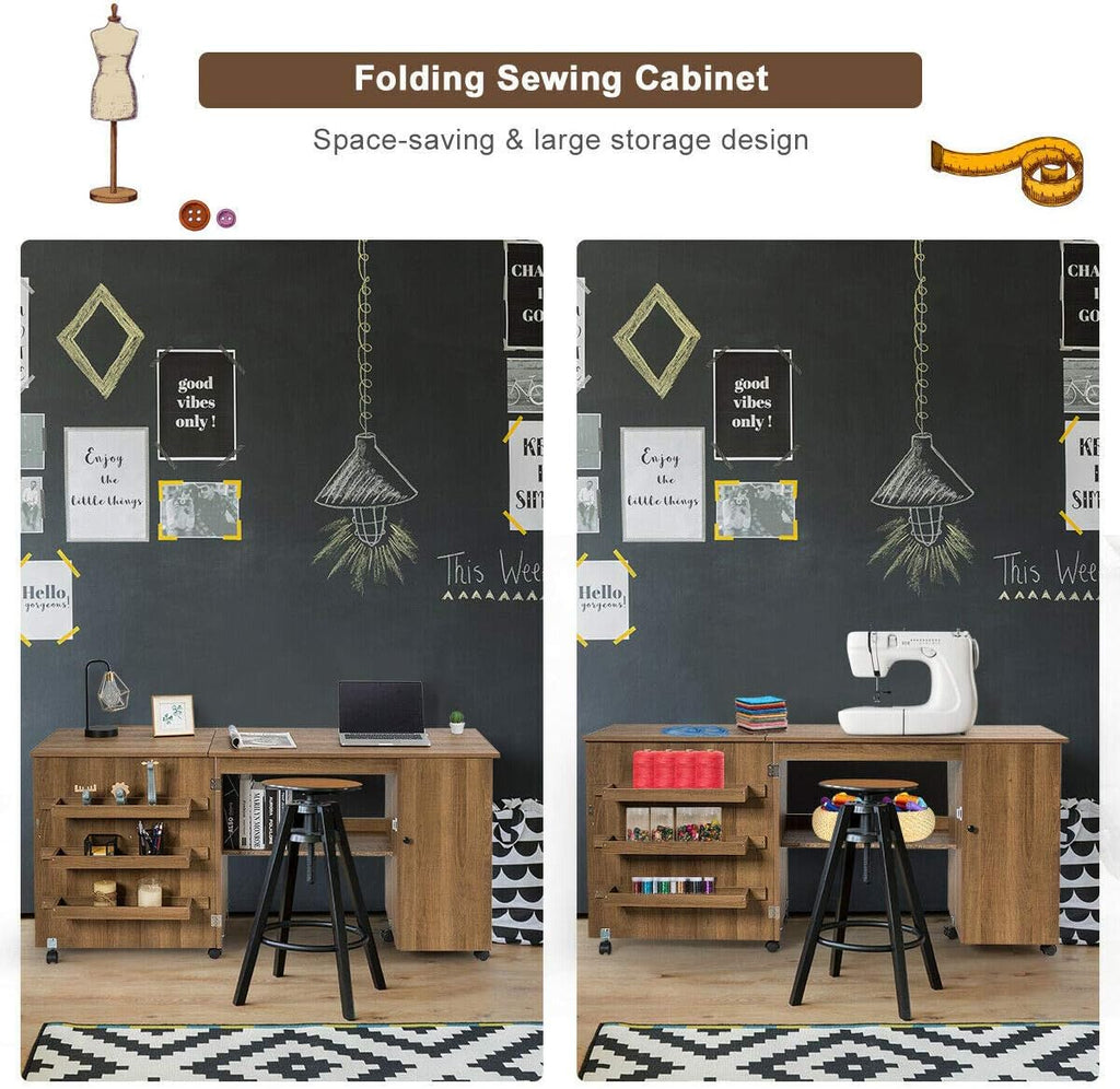 Folding Sewing Craft Table with Storage Cabinet and Wheels Natural O121