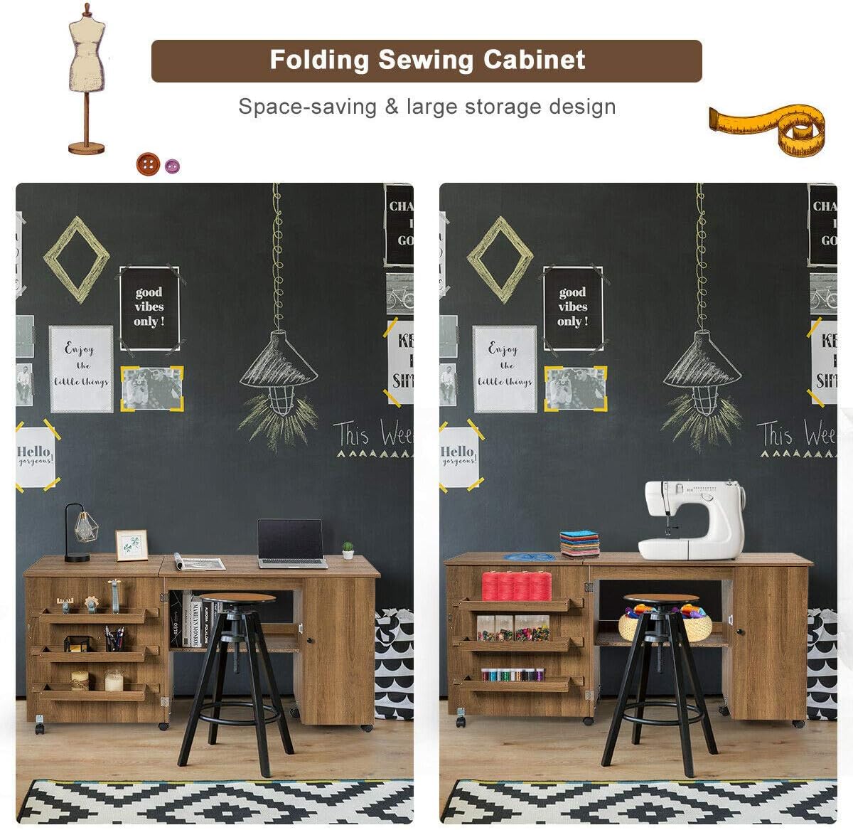 Folding Sewing Craft Table with Storage Cabinet and Wheels Natural O121