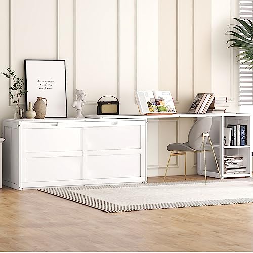 White Wood Queen Size Murphy Bed with Desk D7306