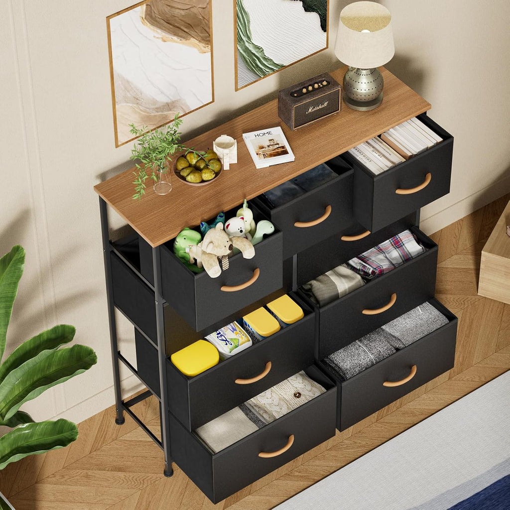 Black 9 Drawer Dresser with Steel Frame and Wood Top Q72060