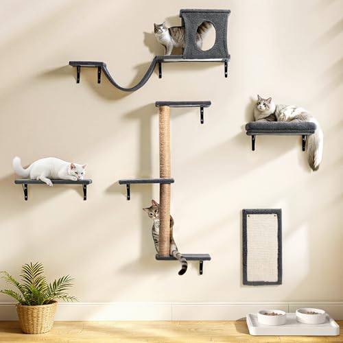 5-in-1 Wooden Cat Wall Shelves Set with Scratching Post C8174