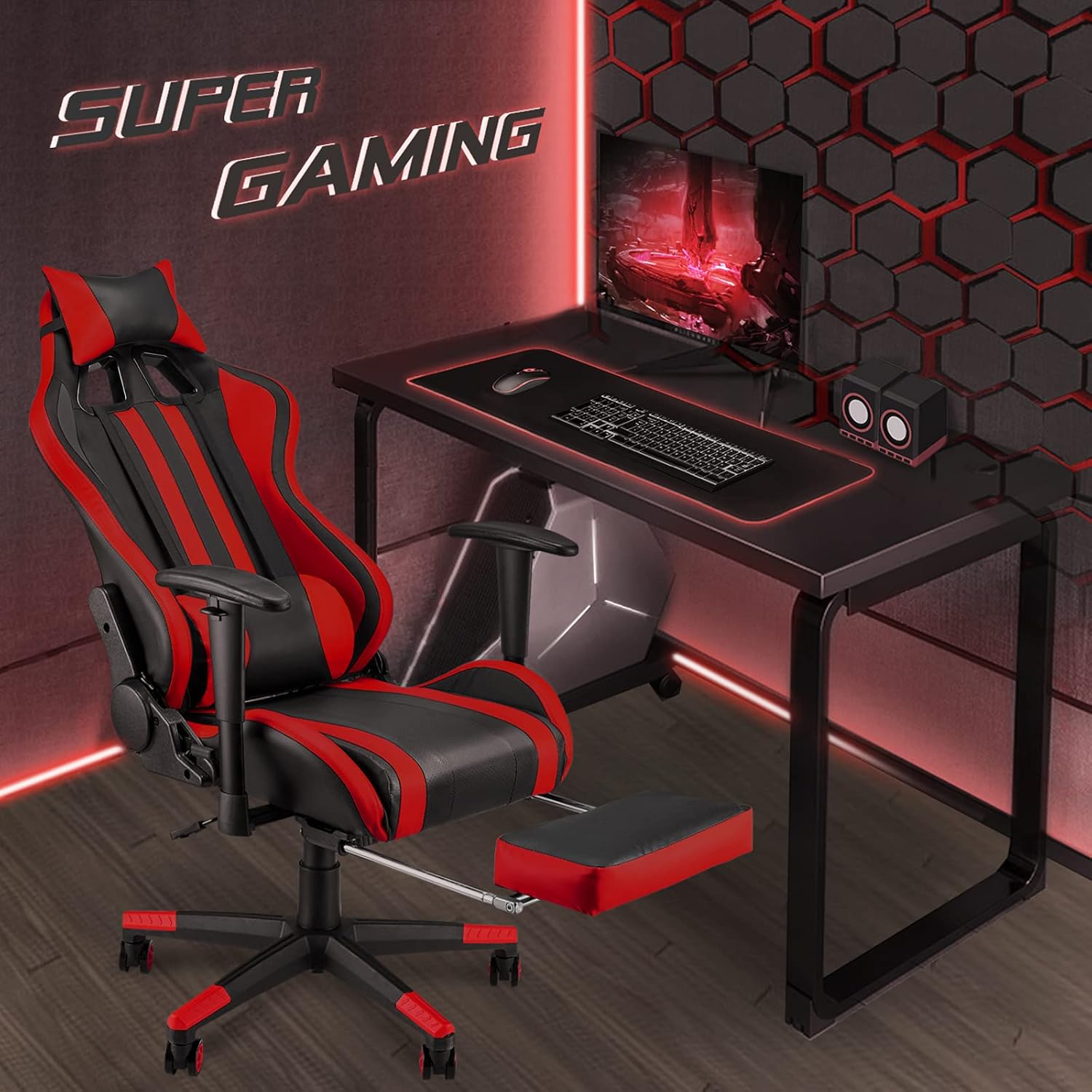 Gaming Chair with Footrest, Ergonomic Office Chair, Black/Red O2494