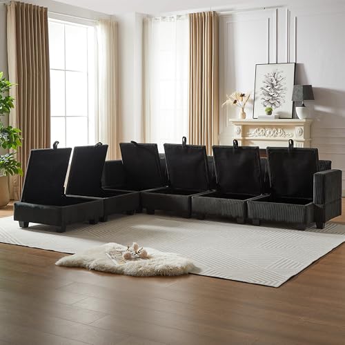 Oversized Modular Storage Sectional Sofa Soft Corduroy Upholstered Deep Seat Convertible Sleeper Couch Bed with 2 Pillows P36530