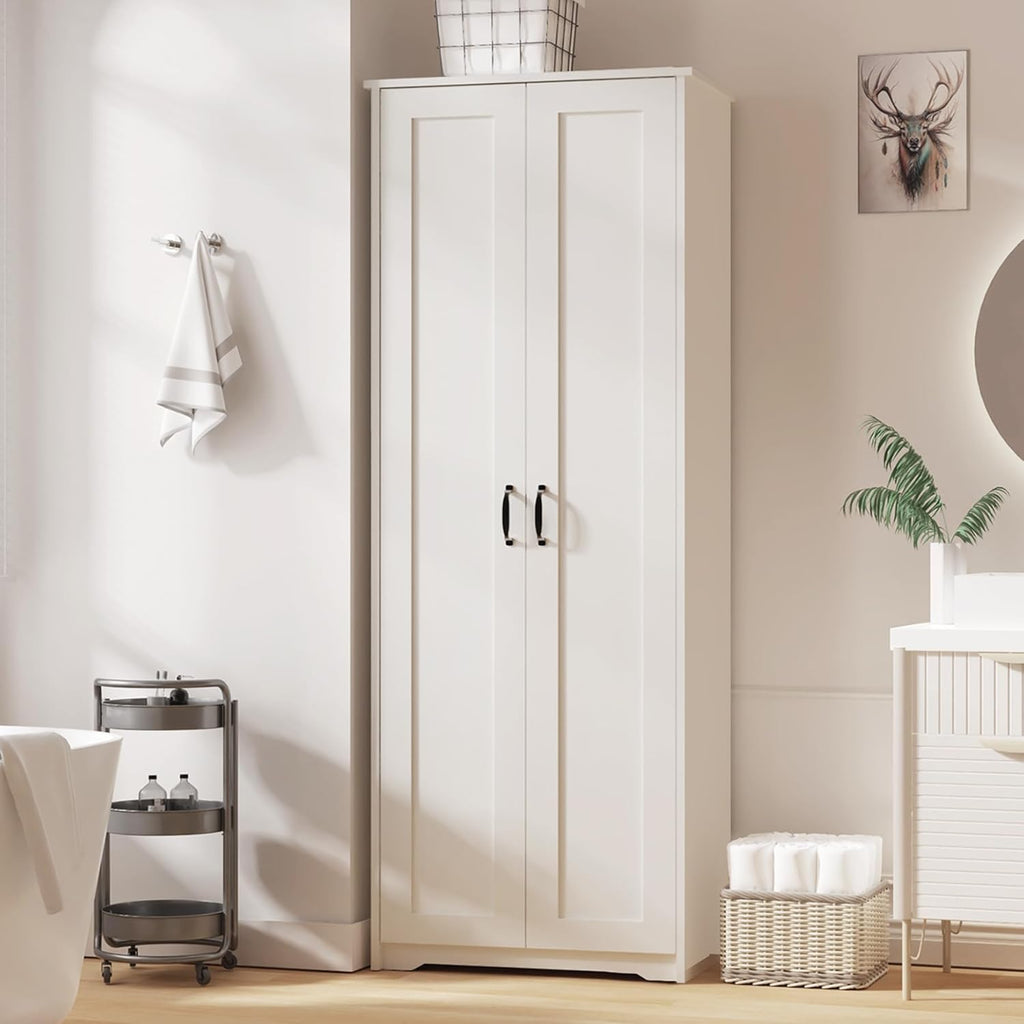 White Tall Storage Pantry Cabinet with 2 Doors and 6 Adjustable Shelves W154534