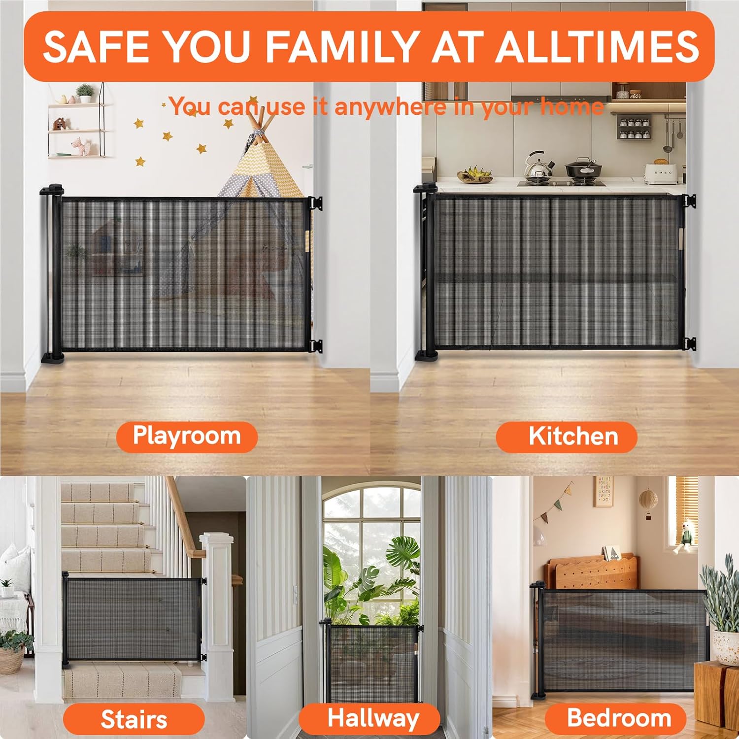 Black Retractable Baby Pet Gate, 31" Tall, Extends to 71" Wide I80763