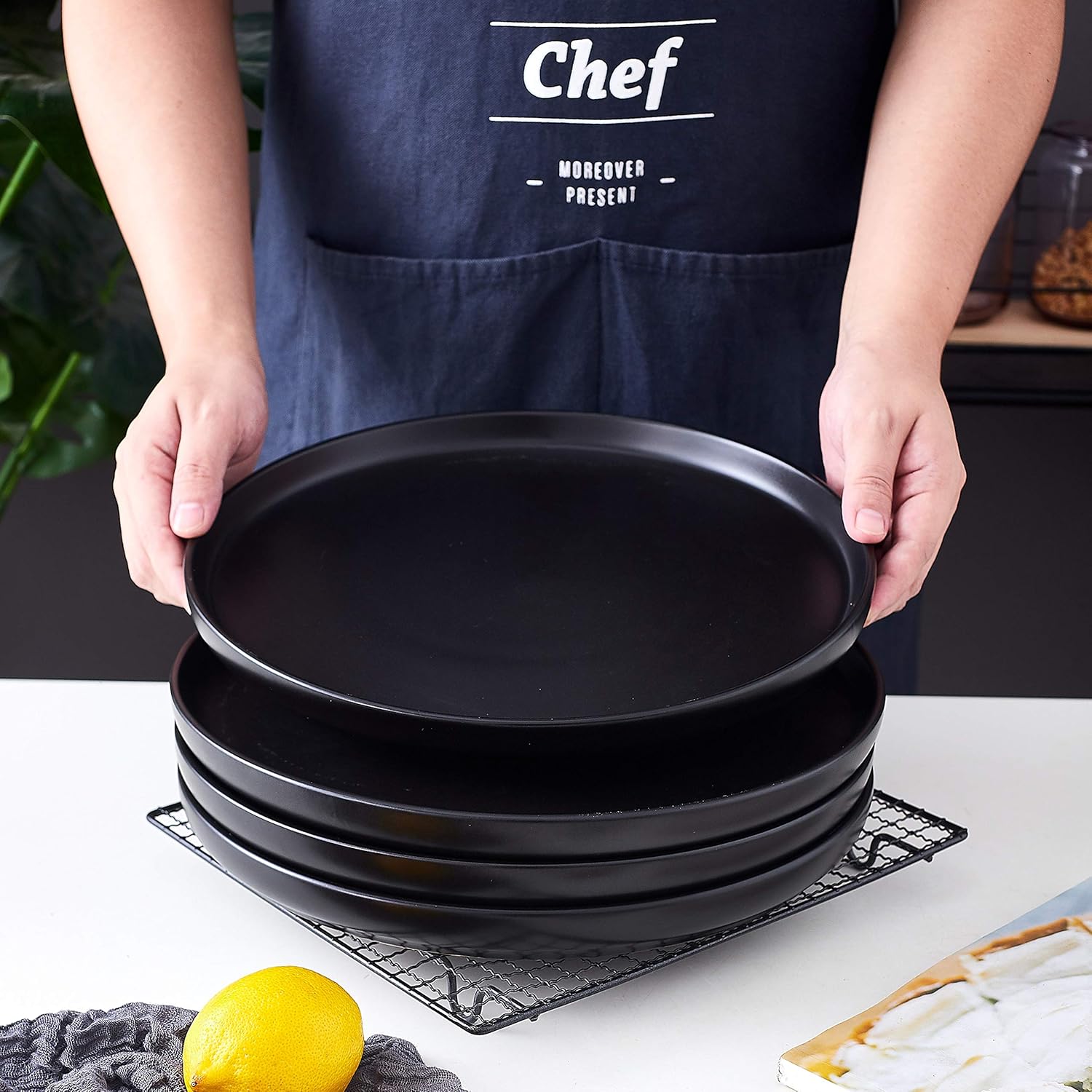 Matte 11-inch Ceramic Large Round Serving Plates and 5 Quart Cast Iron Double Dutch Oven Set with 10 inch Skillet Lid A764