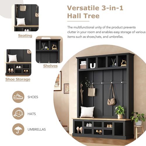 Black Wide Entryway Hall Tree with Storage Bench and 6 Hooks E239481