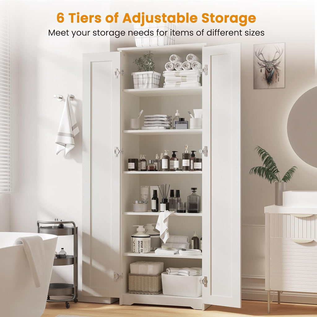 White Tall Storage Pantry Cabinet with 2 Doors and 6 Adjustable Shelves W154534