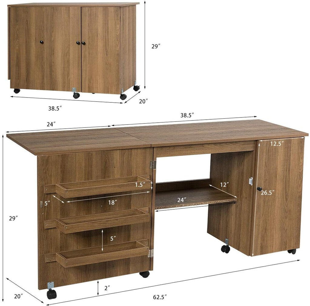 Folding Sewing Craft Table with Storage Cabinet and Wheels Natural O121