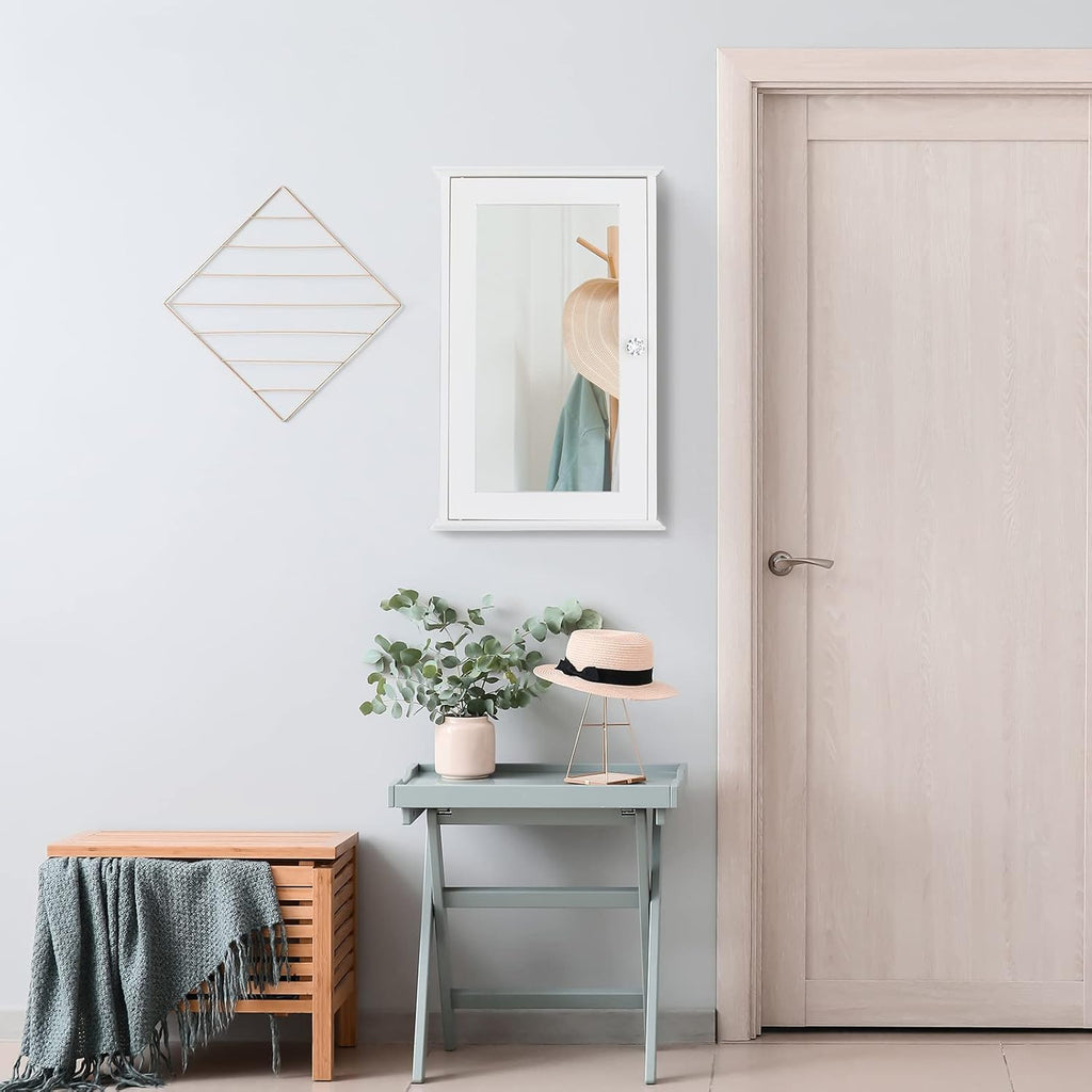 White Wall Mounted Wooden Medicine Cabinet with Single Mirror Door & Adjustable Shelves Y62051
