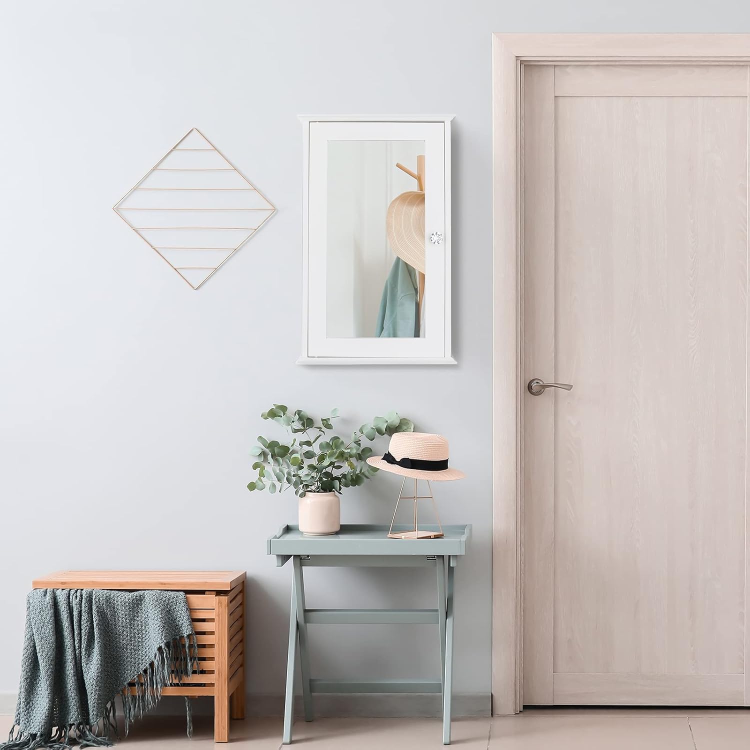 White Wall Mounted Wooden Medicine Cabinet with Single Mirror Door & Adjustable Shelves Y62051