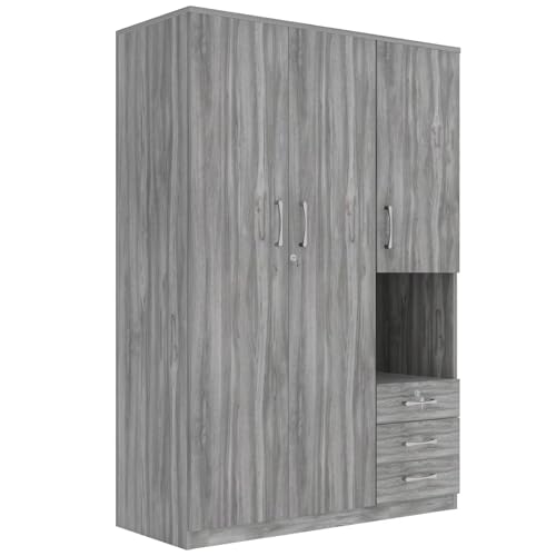 Grey Wooden Armoire Wardrobe with 6-Tier Shelves and 3 Drawers D33340