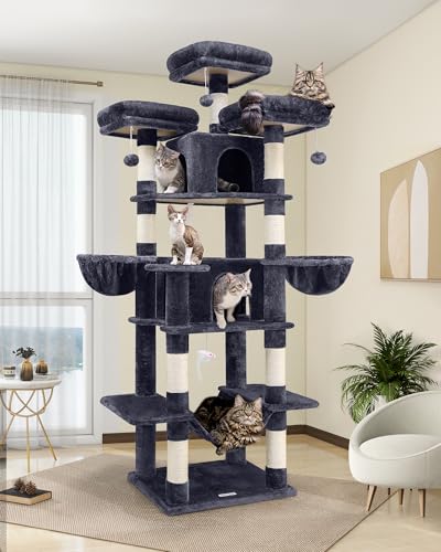 Light Grey 80inch Cat Tree with Scratching Post, Hammock, 3 Perches, 2 Condos, 2 Hanging Basket B841506