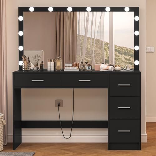 White 43.3" Vanity Desk with Lighted Mirror and 7 Drawers J9360