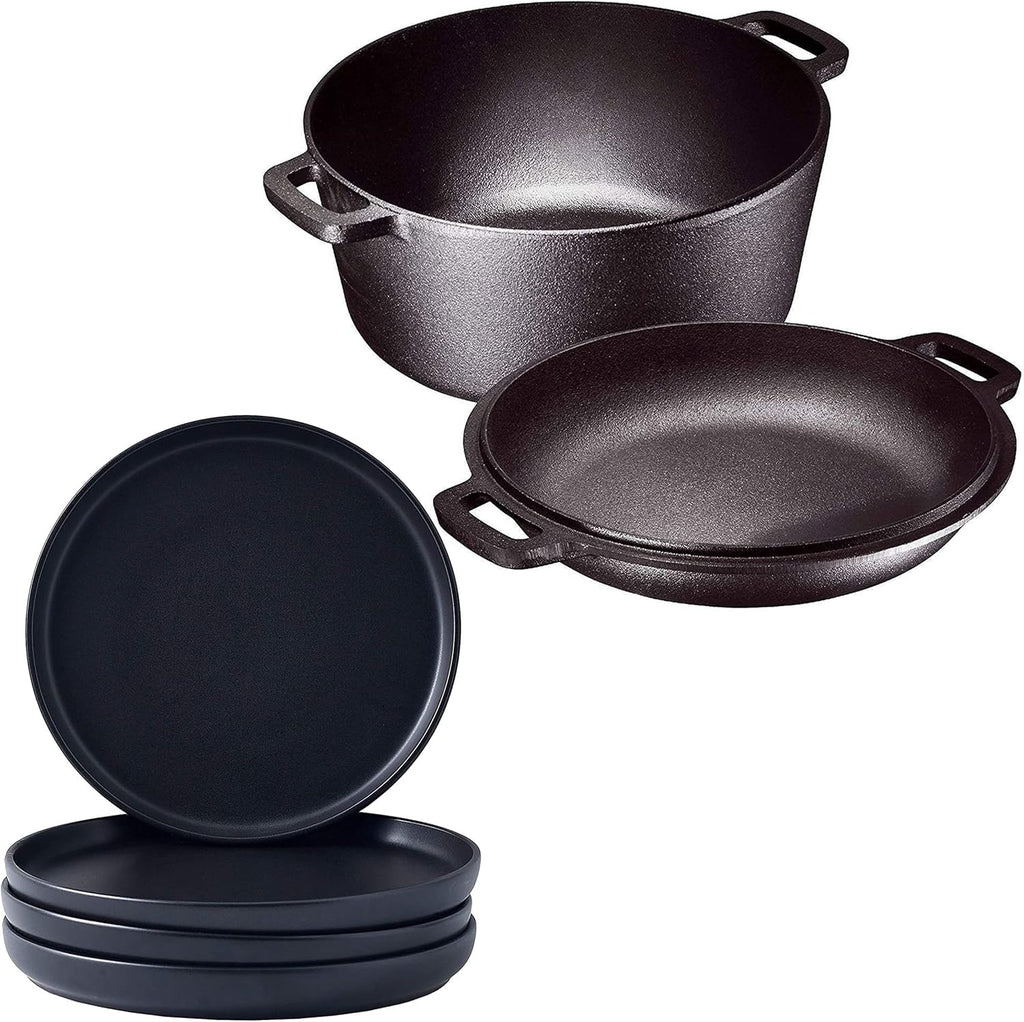 Matte 11-inch Ceramic Large Round Serving Plates and 5 Quart Cast Iron Double Dutch Oven Set with 10 inch Skillet Lid A764