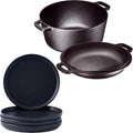 Matte 11-inch Ceramic Large Round Serving Plates and 5 Quart Cast Iron Double Dutch Oven Set with 10 inch Skillet Lid A764