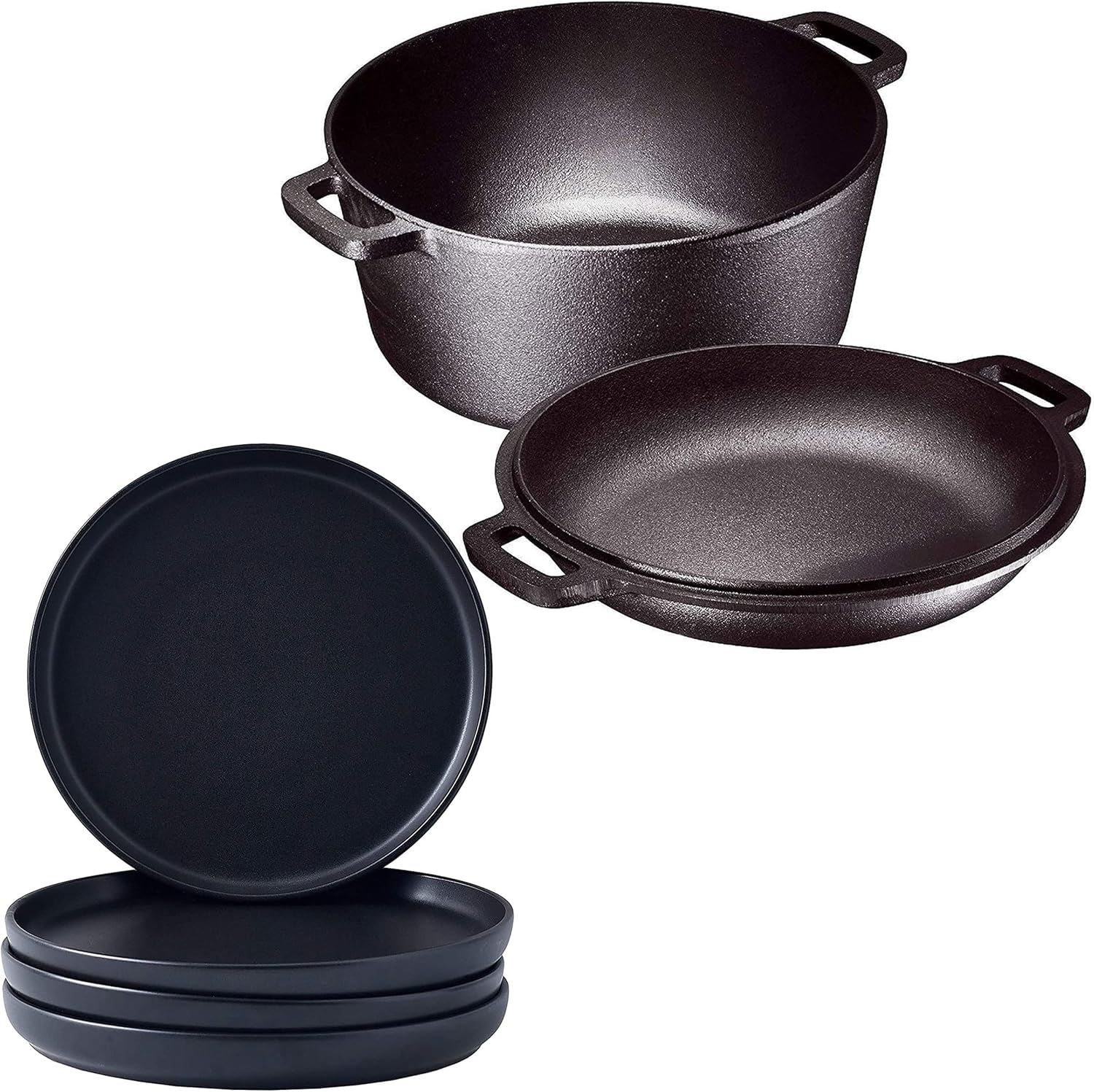 Matte 11-inch Ceramic Large Round Serving Plates and 5 Quart Cast Iron Double Dutch Oven Set with 10 inch Skillet Lid A764