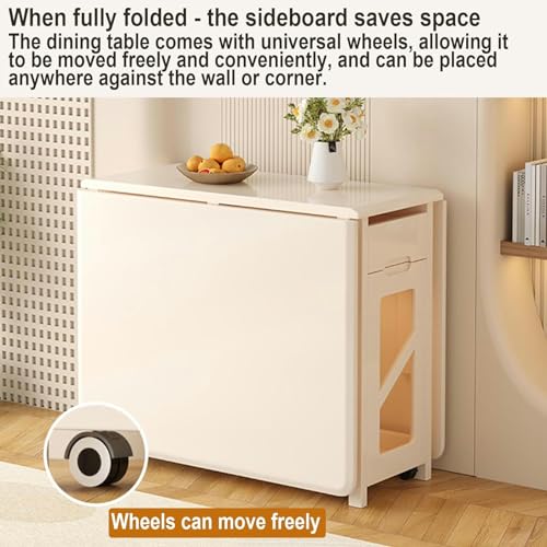White Folding Dining Table with 4 Brake Wheels, Drawers, Storage Cabinet, 140CM Y375810