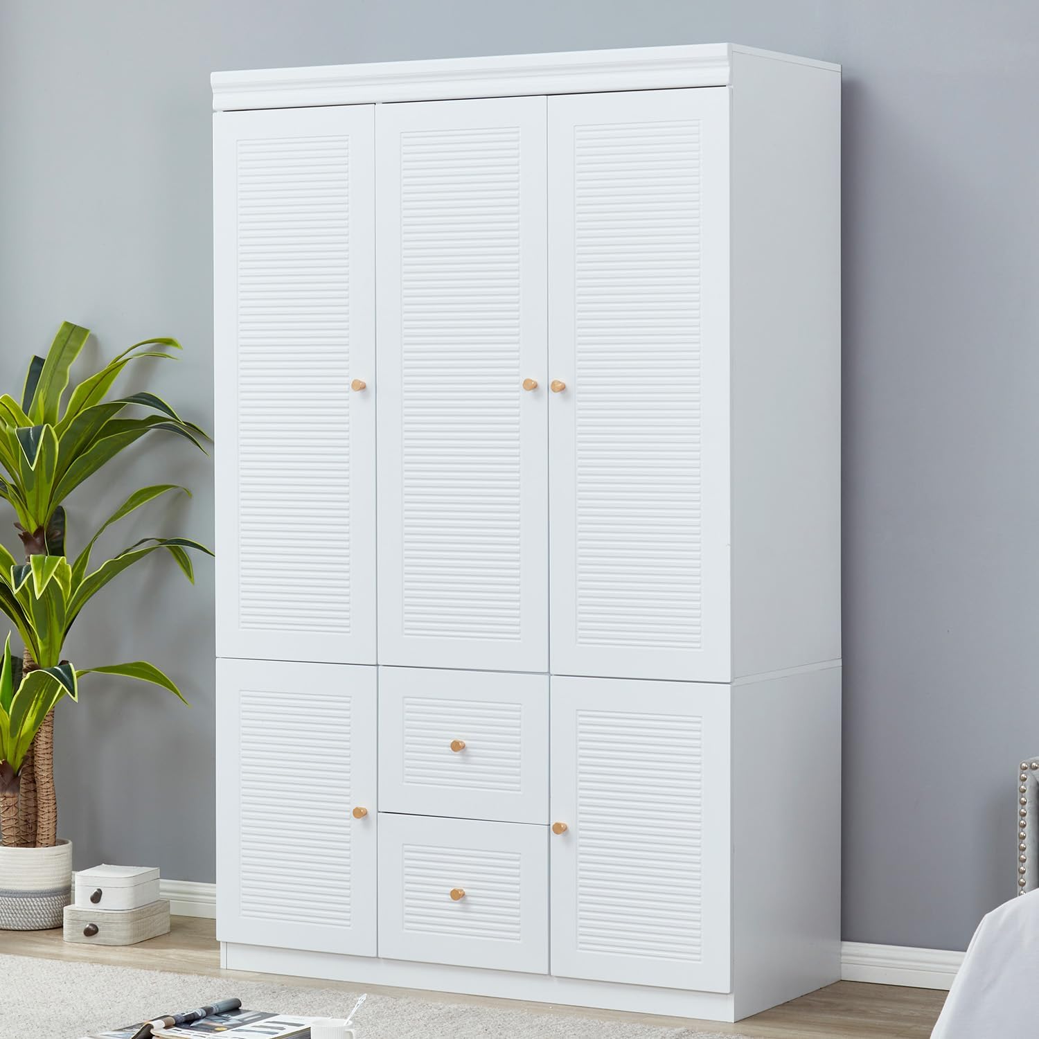 White 3 Door Wooden Armoire Wardrobe with 2 Drawers and Hanging Rod S72877