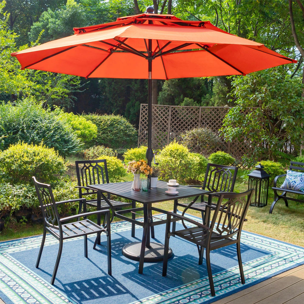 6-Piece Outdoor Patio Set with 10 FT Umbrella, 4 PCS Metal Steel Stacking Chairs & 1 PC Square Dining Table, Orange Red Umbrella V55341