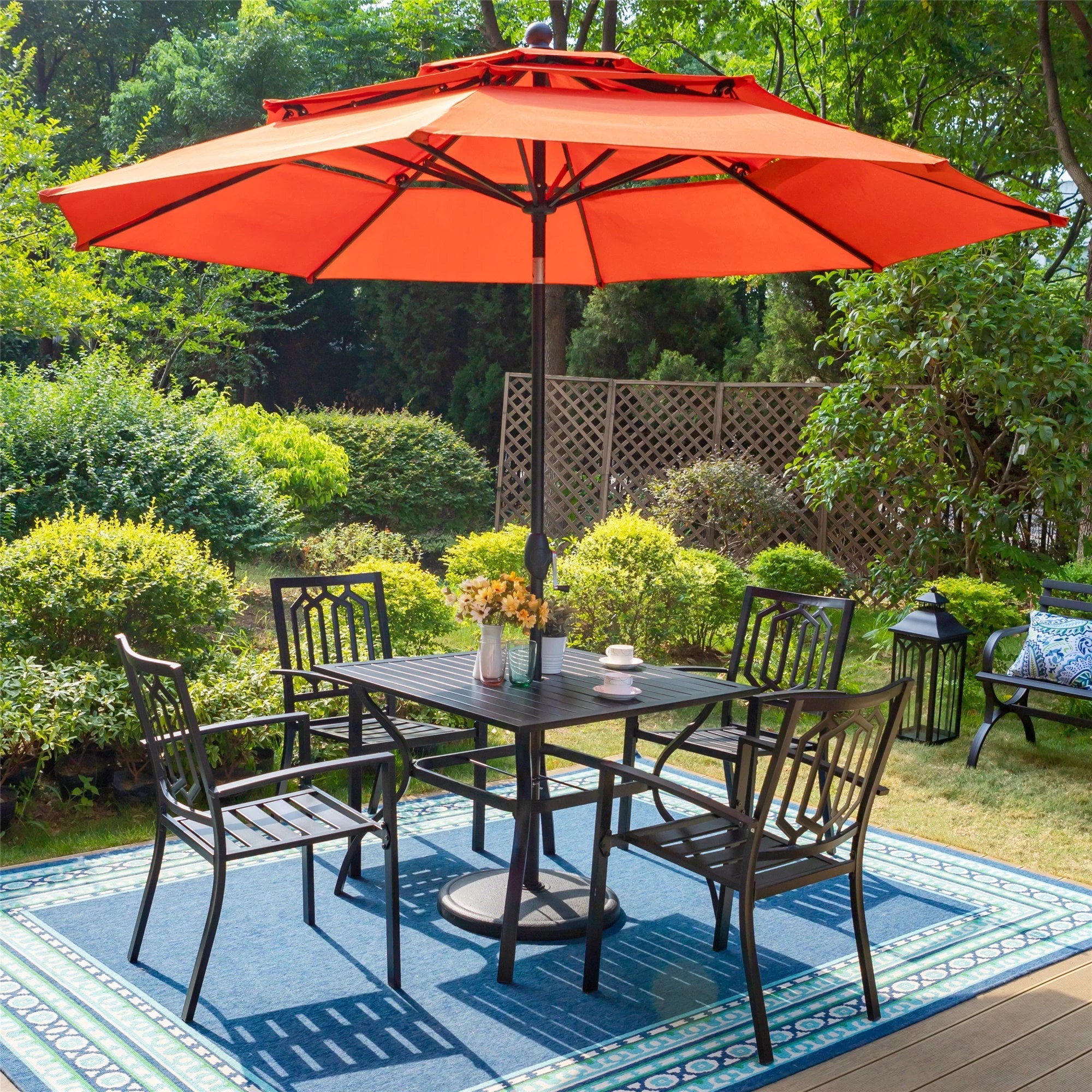 6-Piece Outdoor Patio Set with 10 FT Umbrella, 4 PCS Metal Steel Stacking Chairs & 1 PC Square Dining Table, Orange Red Umbrella V55341