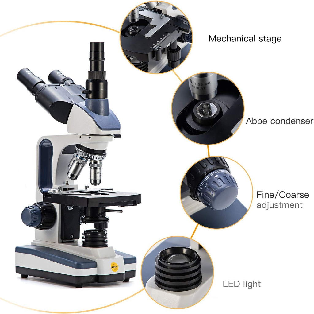 Trinocular Compound Microscope, 40X-2500X Magnification, Siedentopf Head, Two-Layer Mechanical Stage, 1.3mp Camera K626