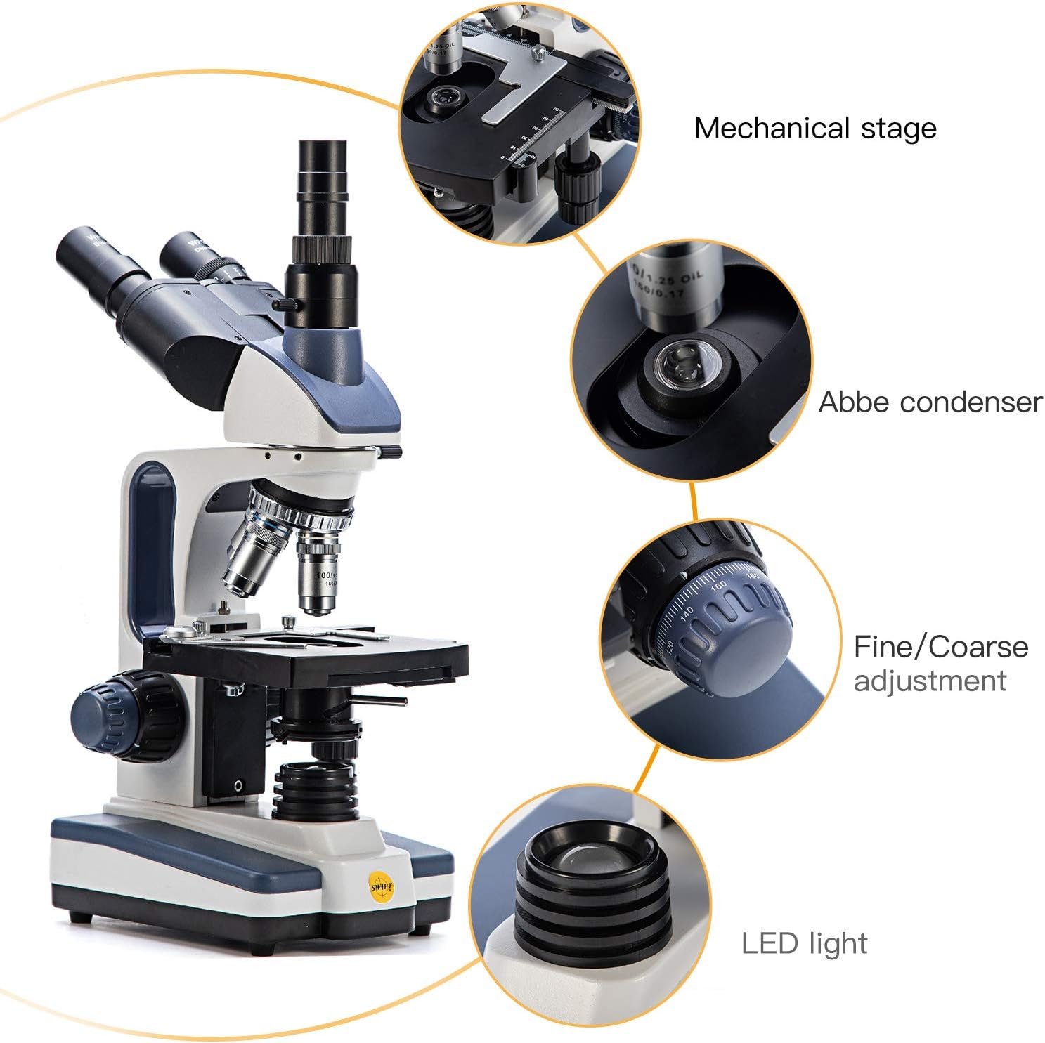 Trinocular Compound Microscope, 40X-2500X Magnification, Siedentopf Head, Two-Layer Mechanical Stage, 1.3mp Camera K626