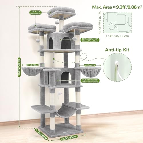 Light Grey 80inch Cat Tree with Scratching Post, Hammock, 3 Perches, 2 Condos, 2 Hanging Basket B841506