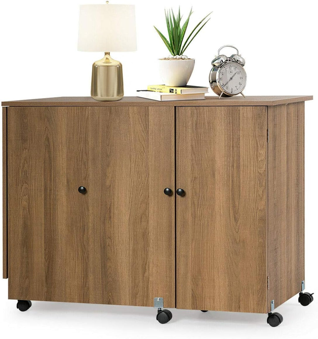 Folding Sewing Craft Table with Storage Cabinet and Wheels Natural O121