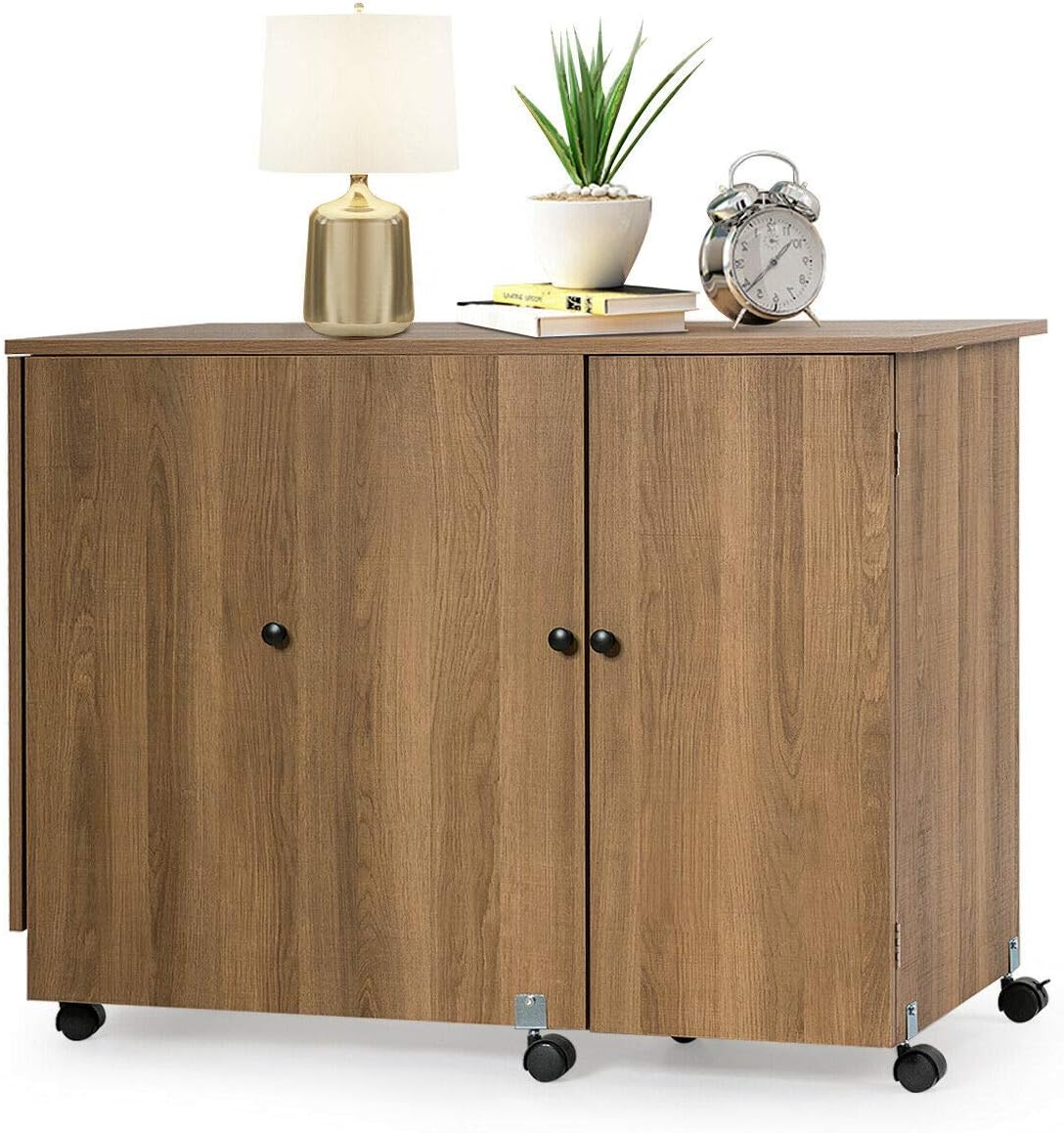 Folding Sewing Craft Table with Storage Cabinet and Wheels Natural O121