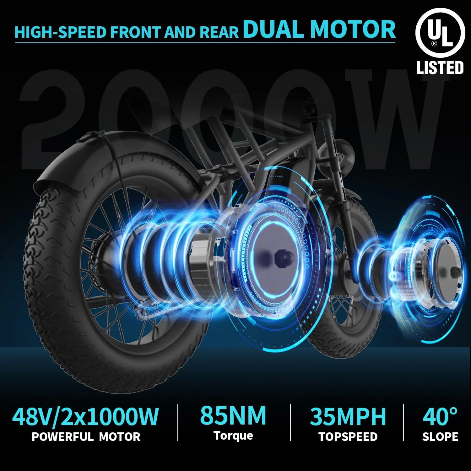 Dual Motor Dual Battery 2000W 48V 40Ah 55Ah 20"x4.0" Fat Tire Electric Bike V9230