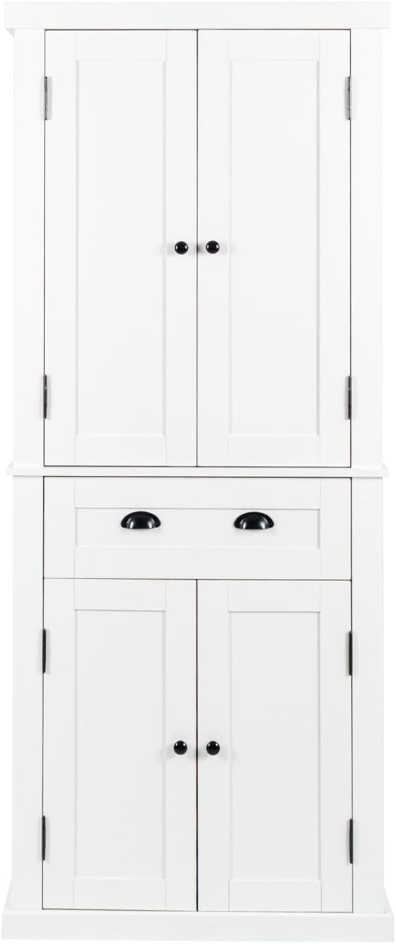 White 4 Door Kitchen Pantry Storage Cabinet with Adjustable Shelves and Drawer D877