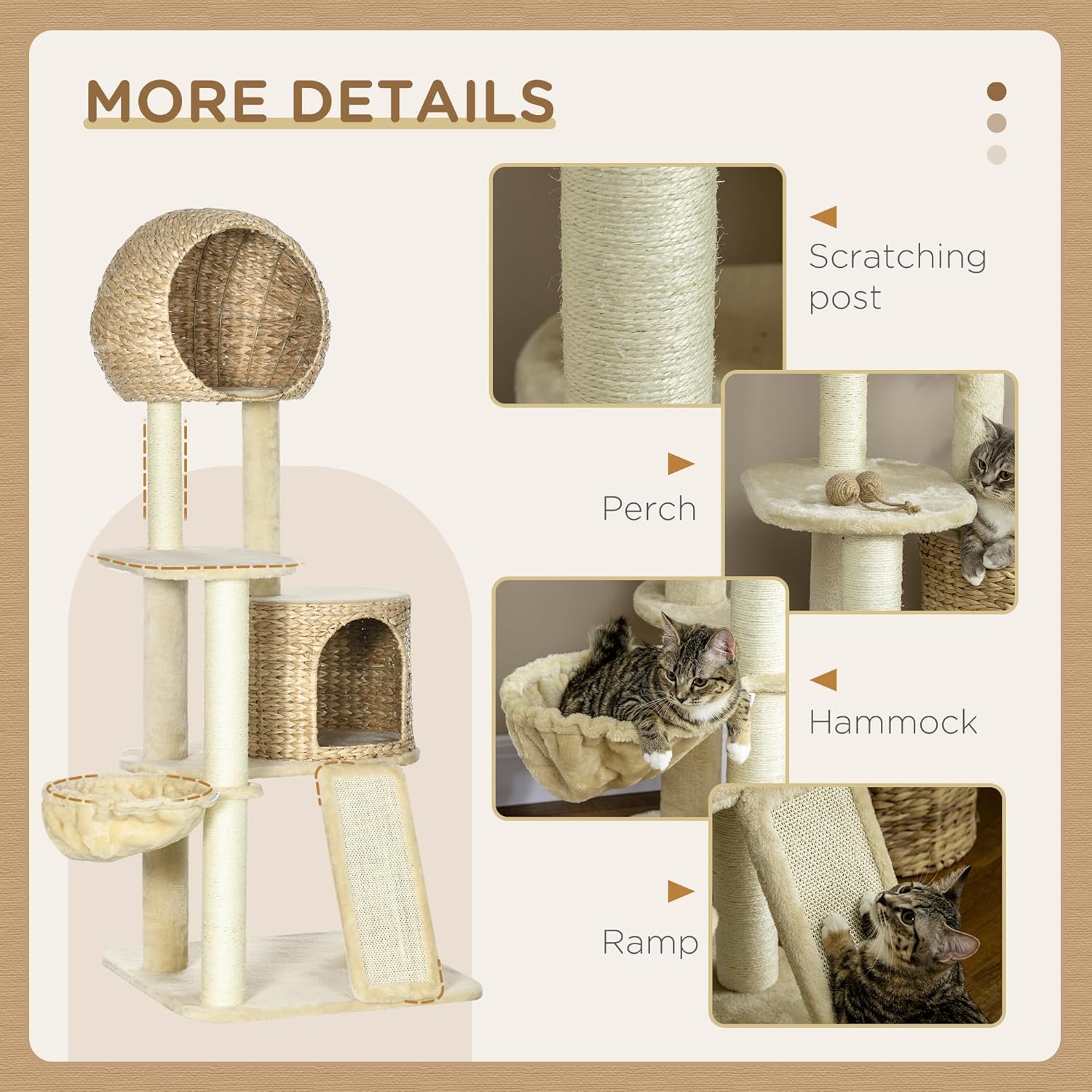 Beige Cat Tree with Cat Condo, Hammock, Perches, Scratching Posts, Ramp F632