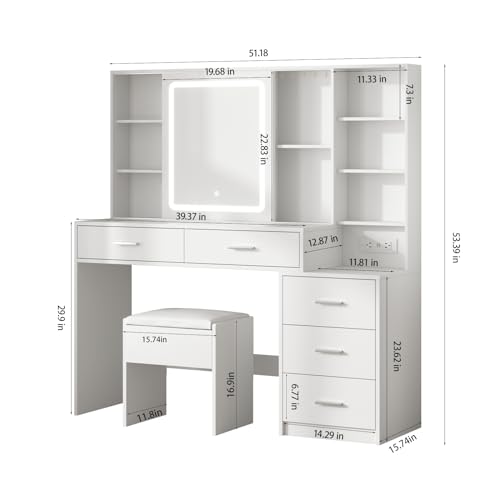 White Vanity Desk with Mirror and Lights 5 Drawers with Chair Y602