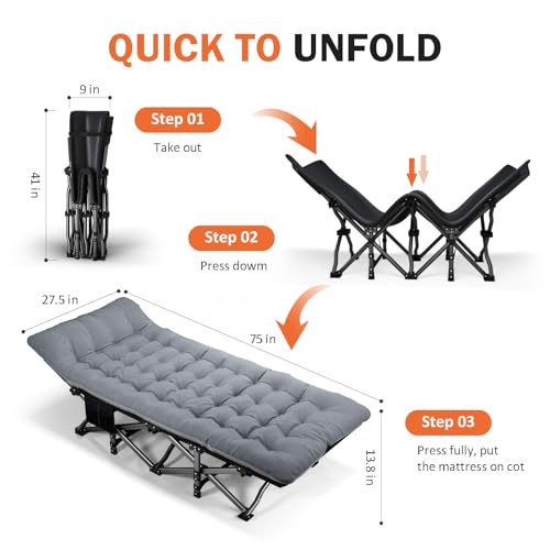 Camping Cot with Cushion Portable Folding Bed (Gray) C110
