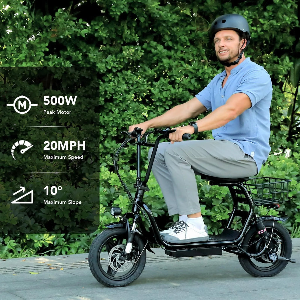 Black 500W Electric Scooter with Seat, 14" Tires, 20 MPH Max, 15 Miles Range O367412