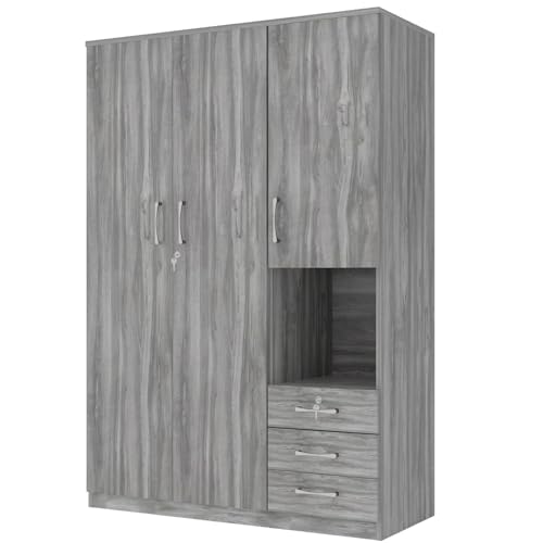 Grey Wooden Armoire Wardrobe with 6-Tier Shelves and 3 Drawers D33340