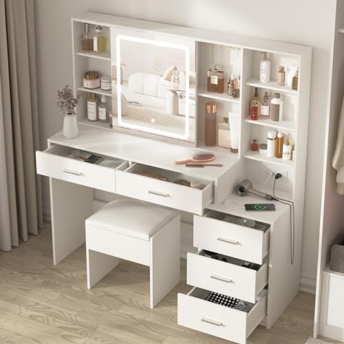 White Vanity Desk with Mirror and Lights 5 Drawers with Chair Y602