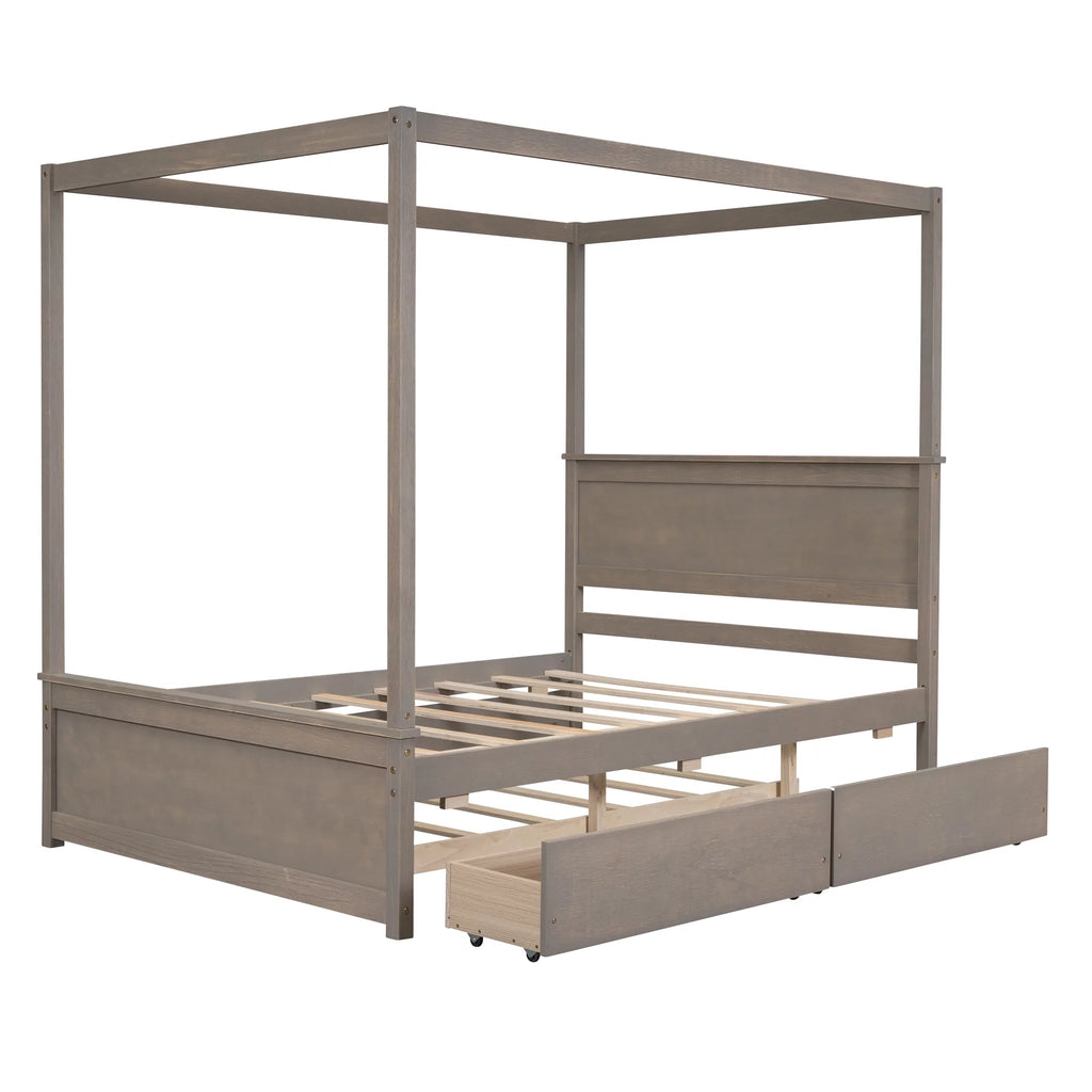 Light Brown Full Size Wood Canopy Platform Bed with 2 Drawers and Trundle F5333