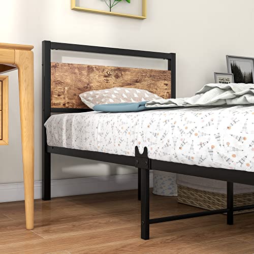 Queen Size Metal Platform Bed Frame with Wooden Headboard and Footboard, Black L37304