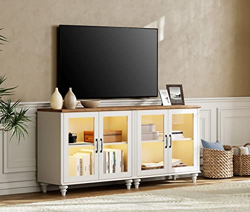 Off White Wood TV Stand with Yellow LED Light and Glass Door X66236
