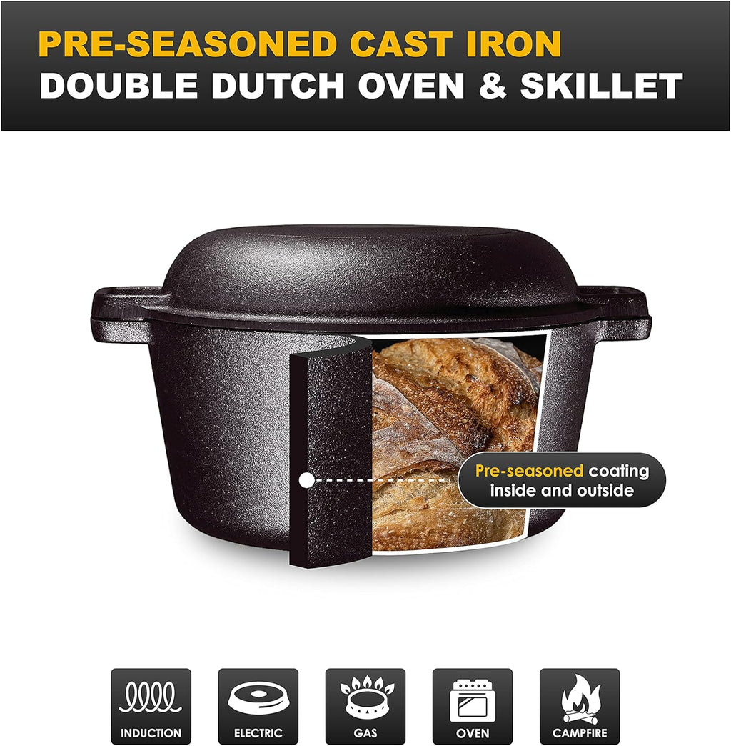 Matte 11-inch Ceramic Large Round Serving Plates and 5 Quart Cast Iron Double Dutch Oven Set with 10 inch Skillet Lid A764
