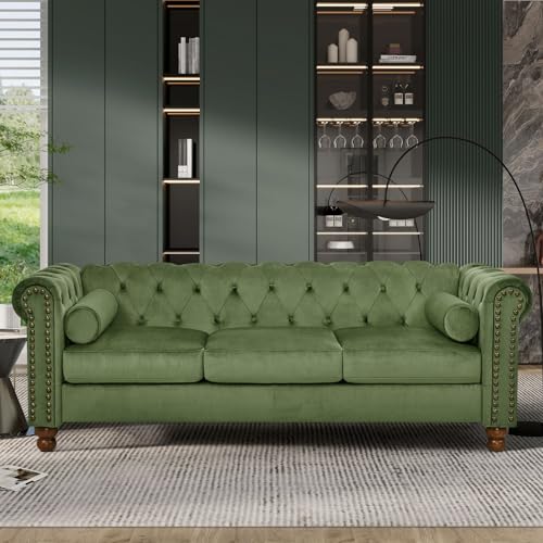 Green Velvet 3 Seater Sofa with 2 Pillows Y65780