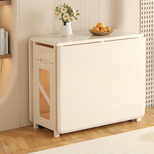 White Folding Dining Table with 4 Brake Wheels, Drawers, Storage Cabinet, 140CM Y375810