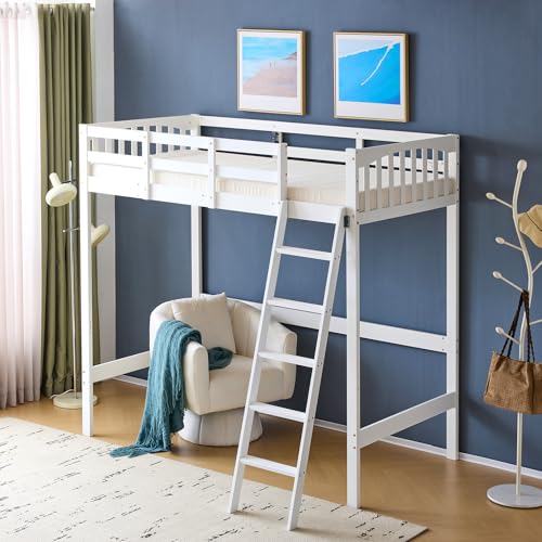 Twin Loft Bed with L-Shaped Desk and 3 Storage Drawers, Solid Wood, White K93929